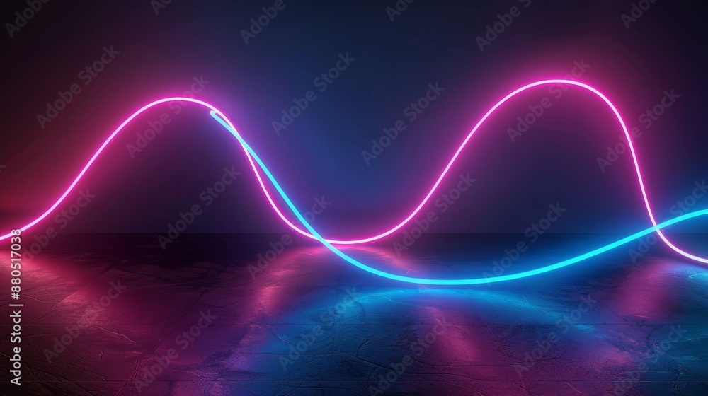 Poster abstract neon arrow turning right in 3d. technology and speed concept with bokeh lights and glowing 