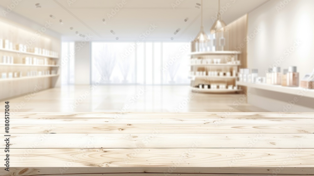 Sticker Montage of a wooden white table on a white wall background, with a product displayed on top.