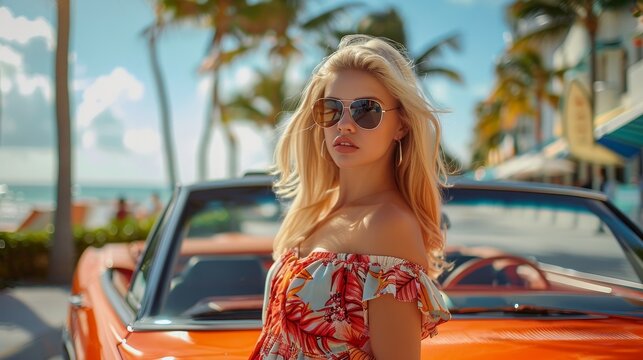 The fashion portrait shows a beautiful woman wearing sunglasses in summer, palm trees, and an 80s car in the background.