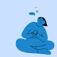 Blue character sitting cross-legged and holding phone, with heart above . Romantic texting, social media. Creative vector illustration. Cartoon style. Hand drawn
