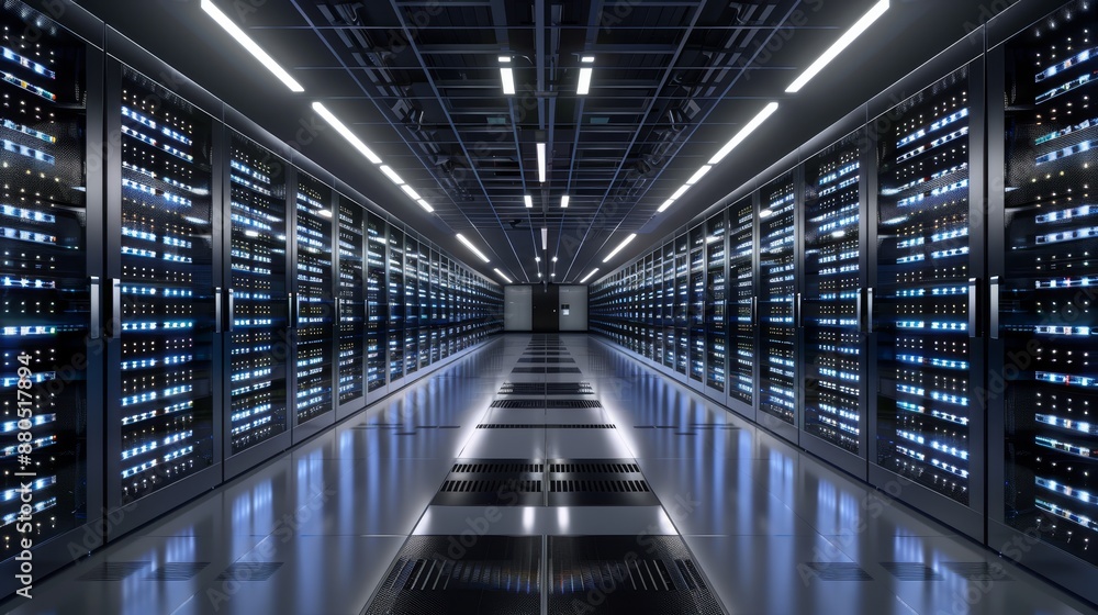 Poster a modern high-tech internet data center room showing rows of racks containing servers and network eq