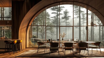 A modern dining room with abstract arched wood paneling features a minimalist interior design.