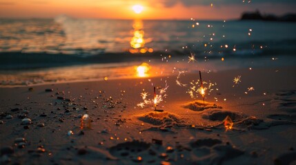 Beach party with sparklers and copy space during New Year's