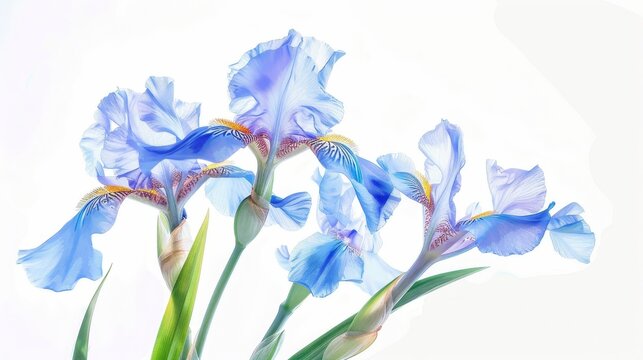 Detailed watercolor illustration of a blue iris on an antique faded white background.