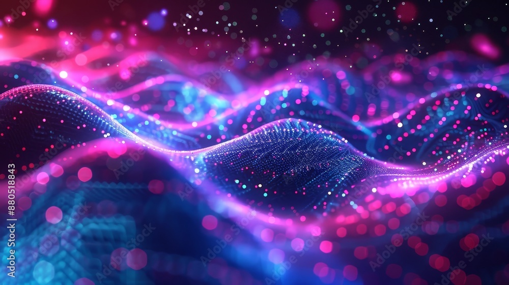 Poster this abstract neon background with blue and pink lines is based on digital neon. it has luminous sha