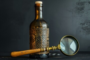 Magnifying glass investigating an old dusty bottle with a cork on a dark table