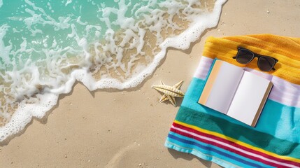 Naklejka premium Overhead shot of a colorful beach towel, a book, and sunglasses placed on the sand, with the ocean waves gently touching the shore in the background, focus cover all object