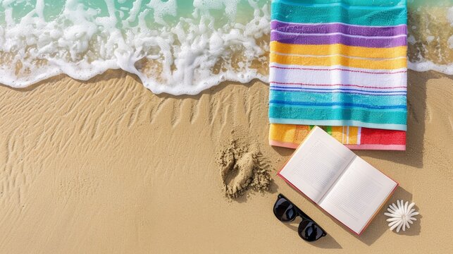 Overhead shot of a colorful beach towel, a book, and sunglasses placed on the sand, with the ocean waves gently touching the shore in the background, focus cover all object