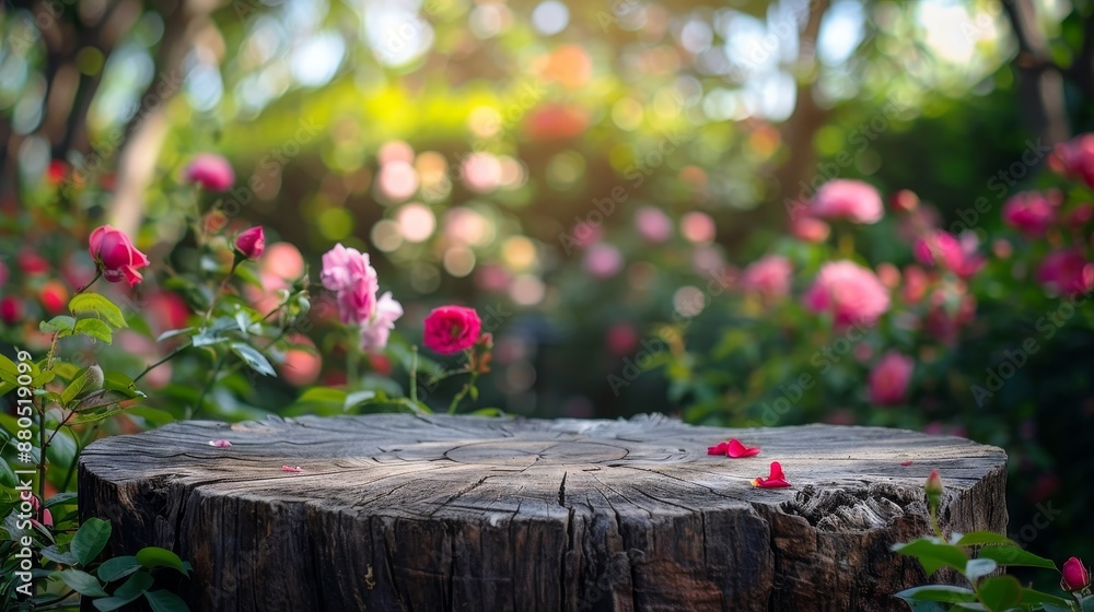 Poster featured with an empty tree stump table top with a blurred rose garden backdrop for a presentation t