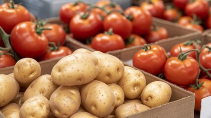 Potatoes and tomatoes in a warehouse distribution center,  realistic, a high-resolution photo, focus cover all object