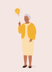 One Smiling Black Elderly Woman Thinking With One Index Finger Pointing Up A Yellow Light Bulb.