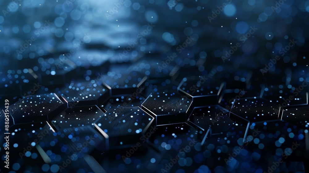 Poster black hexagon background with futuristic honeycomb concept. wave of particles. 3d rendering.