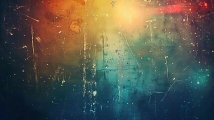 An overlay of dust scratches over old film. Blue distressed faded glass with smeared dirt stains and colorful rainbow lens flare. Sunlight abstract background.
