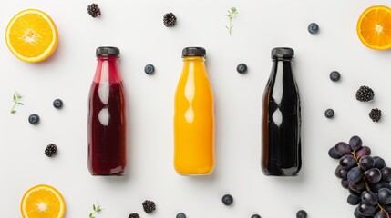 Several natural juice bottles without labels, with black caps