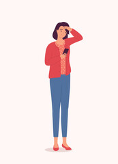 One Woman Looking Distressed With Her Mobile Phone. Full Length.