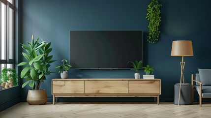 In the living room there is a dark blue wall at night along with a wood cabinet containing a TV