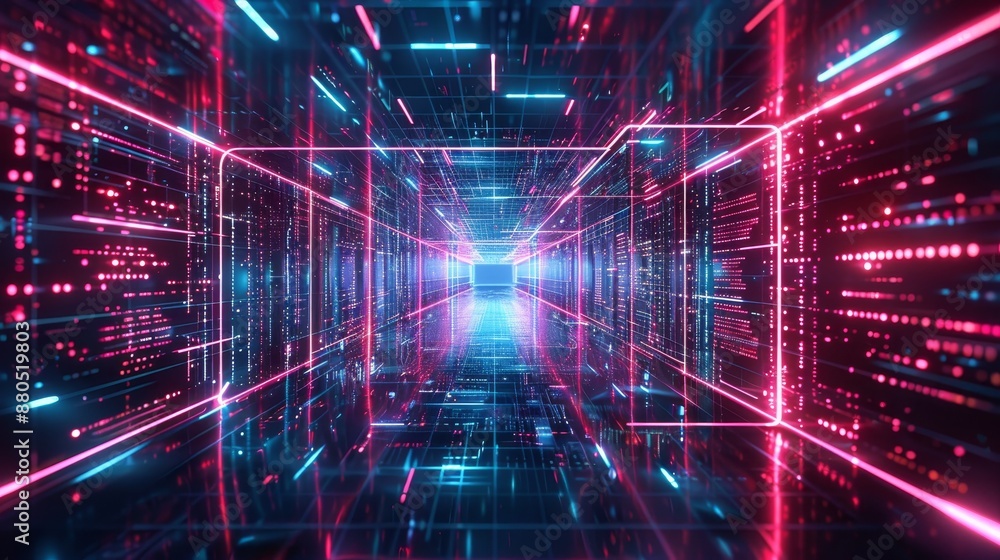 Poster animated neon lights in a digital technology tunnel. abstract technology background with lines for n