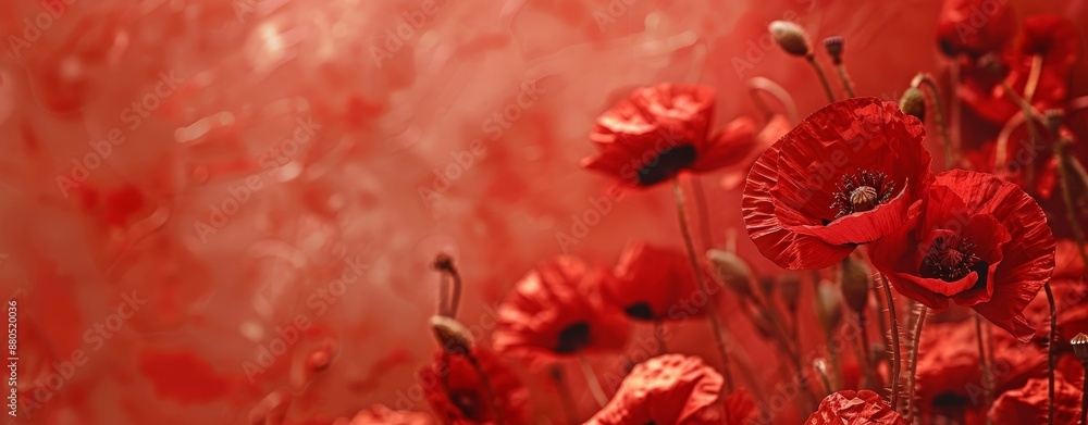 Poster a close-up of red poppy flowers on a blurred red background, with a border design and copy space, wa
