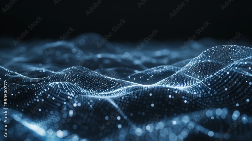 Poster illustration of data technology. abstract futuristic background. wave of dots and lines on dark back