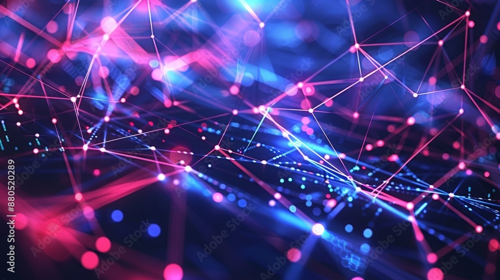 Poster in this abstract digital technology background, you will see glowing lines and floating particles in