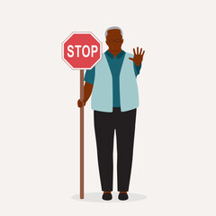 One Black Elderly Elderly Man Holding A Stop Sign With One Hand Showing Stop Gesture.