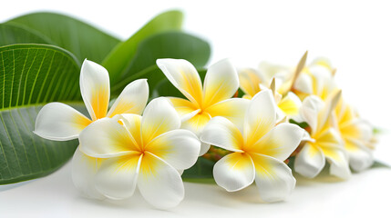frangipani or plumeria , tropical flowers with green leaves isolated on white background