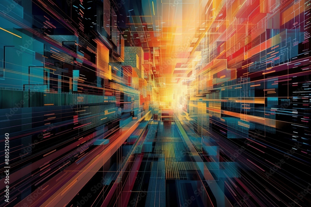 Poster abstract technology background with glowing lines flowing through digital corridor toward a bright l