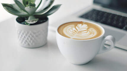 Latte Art Coffee with Succulent Plant and Laptop