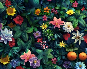 jungle with colorful plants and flowers containing lotus, sakuras clover, grapefruit, rosemary, daisies, sunflower, camellia, acacia