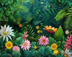 Naklejka premium jungle with colorful plants and flowers containing lotus, sakuras clover, grapefruit, rosemary, daisies, sunflower, camellia, acacia