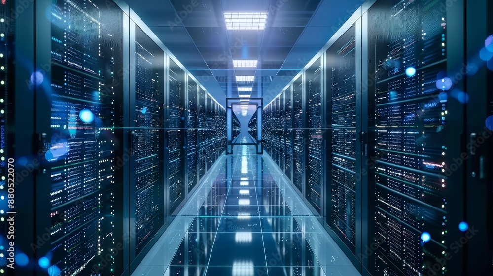 Poster modern high tech internet data center room with rows of racks and servers.