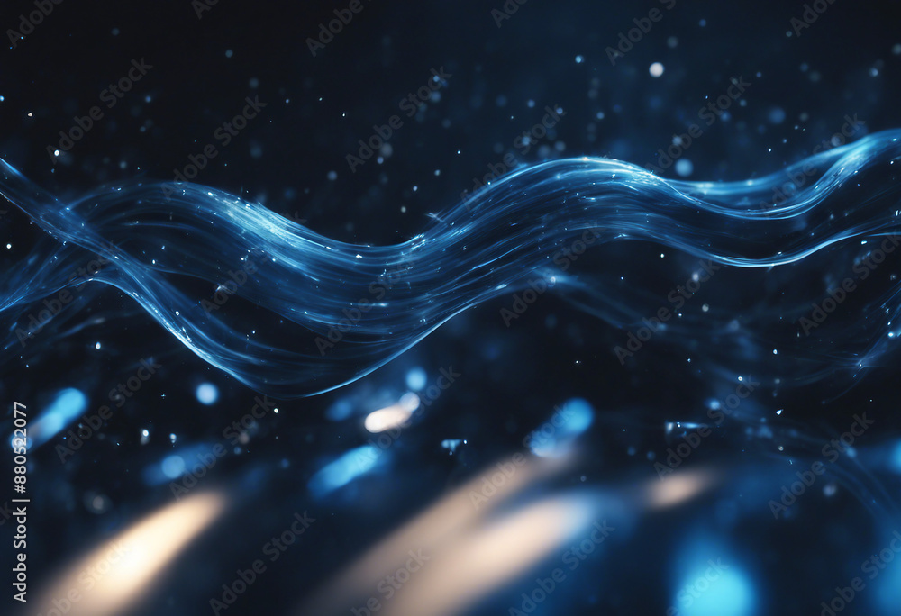 Poster flowing blue light waves with sparkles on a dark background creating a dynamic and futuristic feel