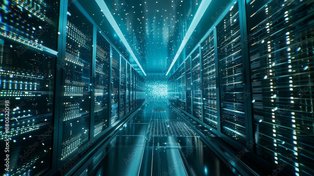 Poster the image shows a modern high-tech data center room with rows of racks containing network and server