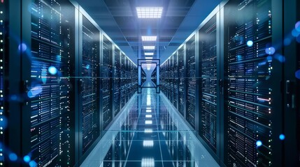 Modern high tech internet data center room with rows of racks and servers.