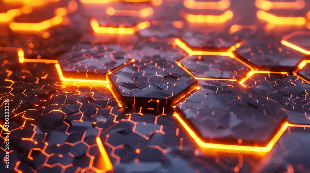 Poster the background of this image is abstract with glowing hexagons. it depicts a futuristic technology h