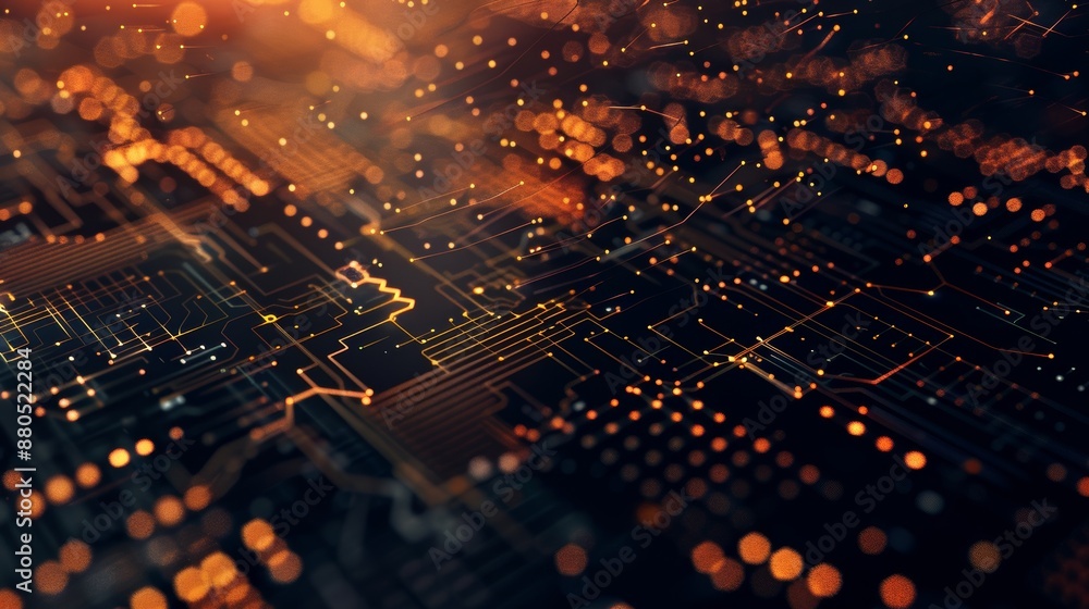 Poster particles and metallic plates create a high tech digital technology background.