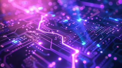 The background consists of violet, purple, and blue neon lights with the digital integrated network technology. Circuit board. 3D illustration. Solid state circuit board with a futuristic network