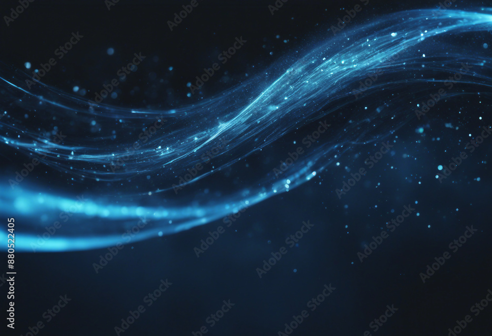 Poster flowing blue light waves with sparkles on a dark background creating a dynamic and futuristic feel
