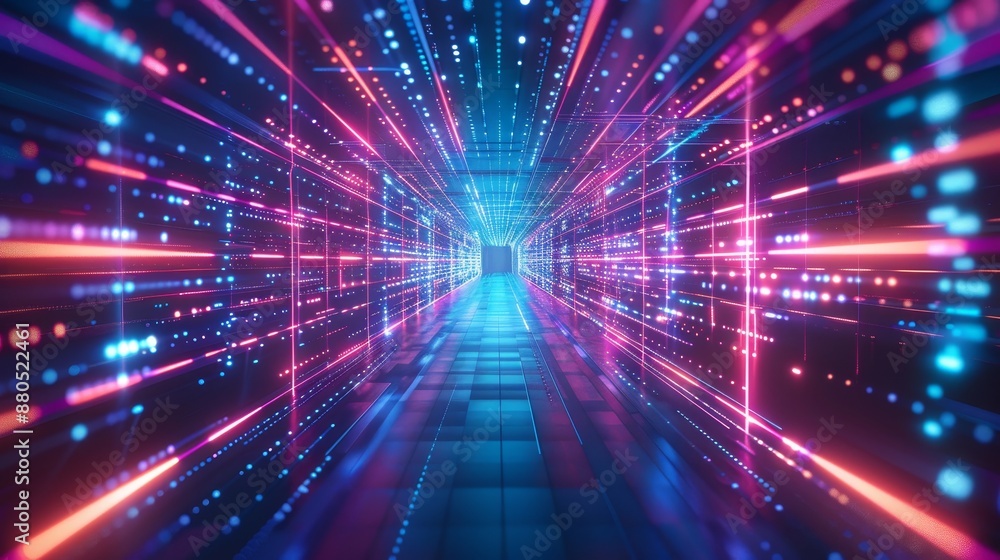 Poster the abstract neon lights of a digital tunnel. futuristic technology abstract background with lines f