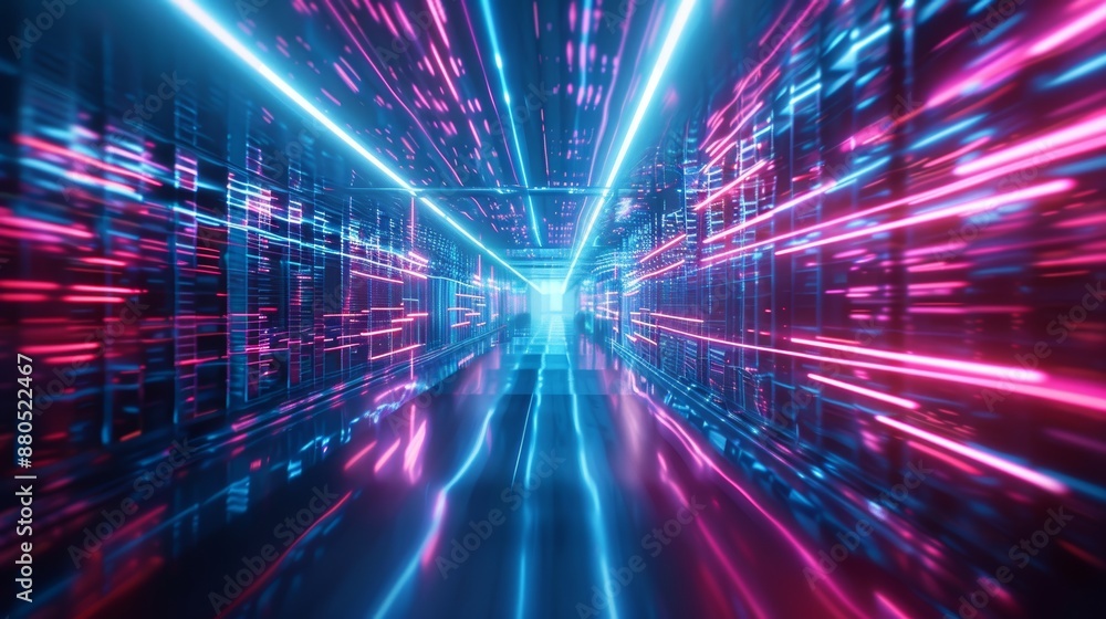 Poster digital technology tunnel with neon lights. abstract background with lines for network, big data, da