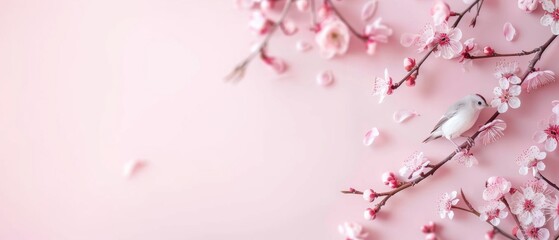 Naklejka premium Beautiful spring scene with cherry blossoms and a delicate bird on soft pink background, perfect for nature-themed designs and decoration.