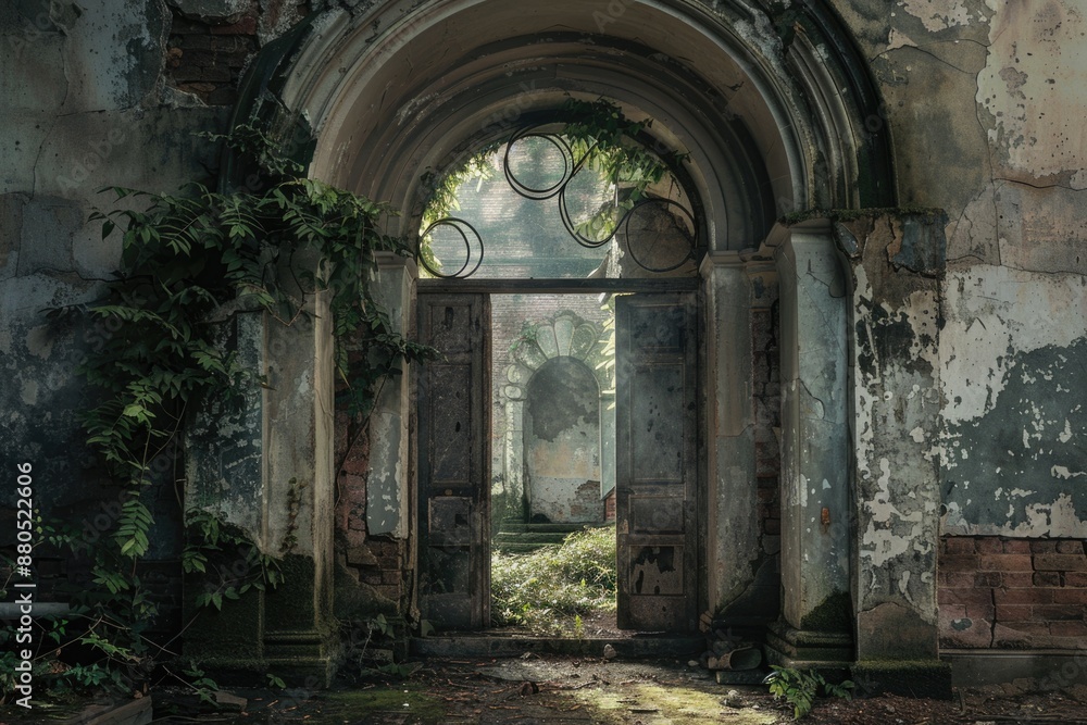 Poster a doorway in an old building with a clock on it, suitable for historical or architectural photograph
