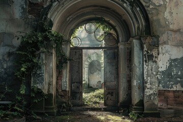 Obraz premium A doorway in an old building with a clock on it, suitable for historical or architectural photography