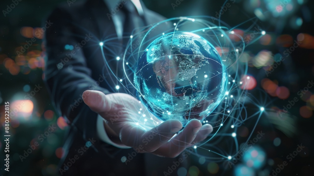 Poster an interface for flying earth networks is activated by a businessman using 3d rendering