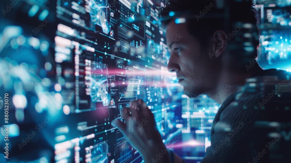 Poster using a modern computer to surf the internet in a futuristic metaverse. concept of digital technolog