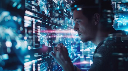 Using a modern computer to surf the internet in a futuristic metaverse. Concept of digital technology, internet network connection, big data, digital marketing and IOT IOT Internet of Things.