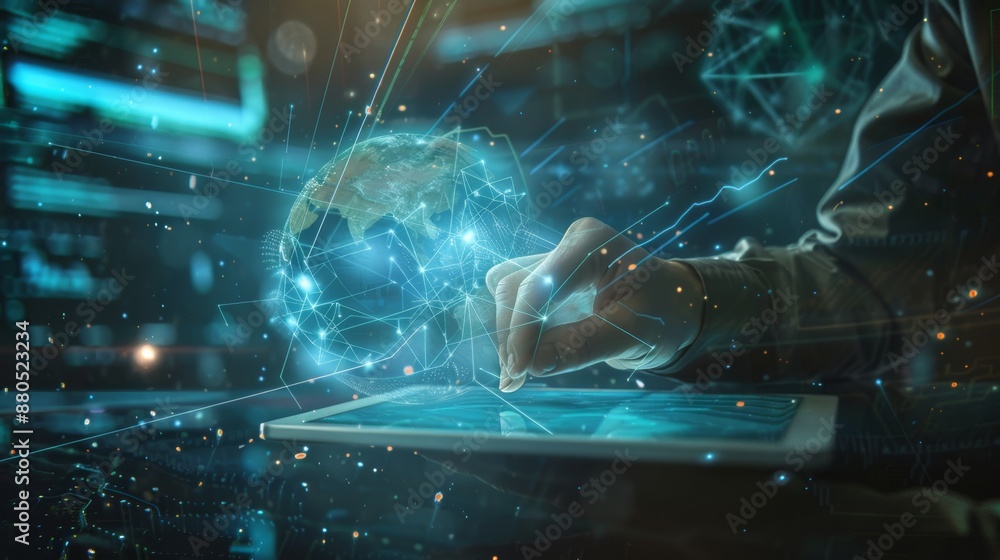 Poster man uses digital tablet and laptop connected to global network with internet network technology, fut