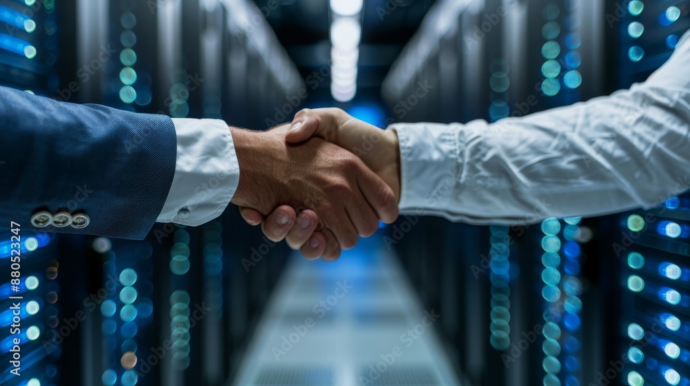 Poster in front of a server in a data center are two unrecognizable men shaking hands.
