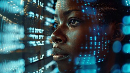Hologram with binary code and black woman, biometric scanning