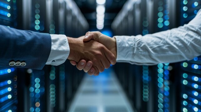In front of a server in a data center are two unrecognizable men shaking hands.